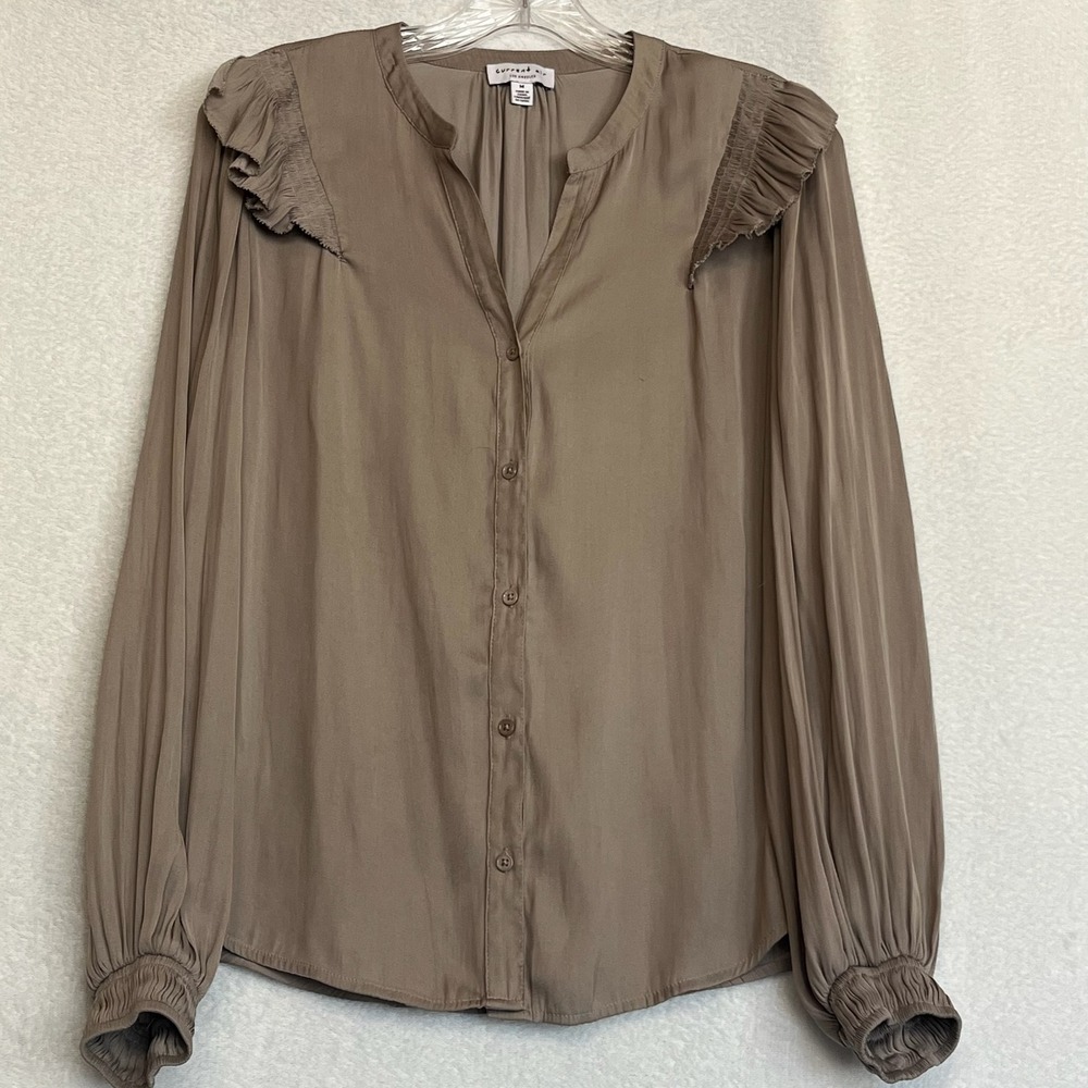 Current Air Taupe Ruffle Blouse Long Sleeve Button‎ Down Top Neutral Size M